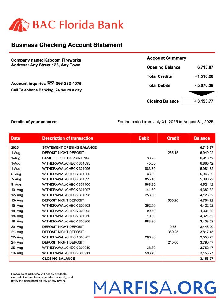 Realistic USA BAC Florida enterprise statement Word and PDF template